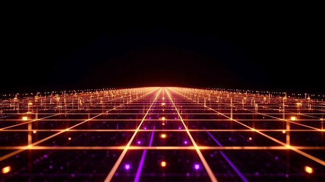 Glowing grid stretches into darkness, radiating warmth and energy