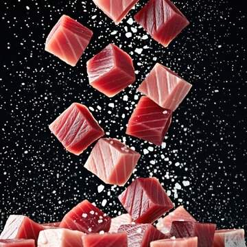 Fresh raw tuna fish cubes fall with sea salt grains on black background. Red meat pieces drop down in air during cooking process. Sliced sashimi chunks fly above surface for luxury restaurant menu