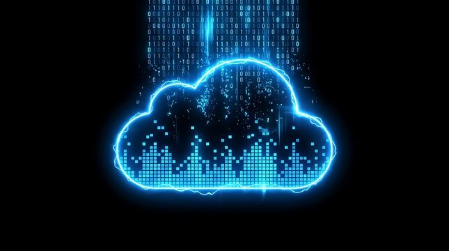 Blue digital cloud with binary code and data equalizer