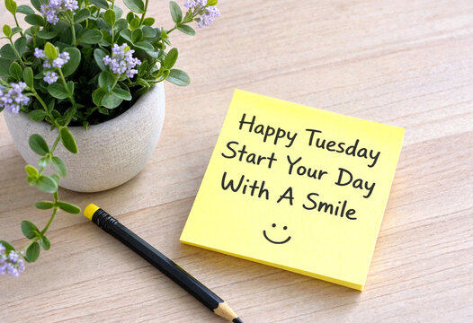 Bright motivational sticky note with happy tuesday message and smile next to plant and pencil on table