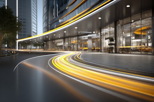 Car light trails curve around a modern building at night