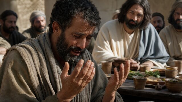 A man healed of dropsy prays with his hands raised at a Sabbath feast while Jesus and the guests look on. The scene is from Luke 14.