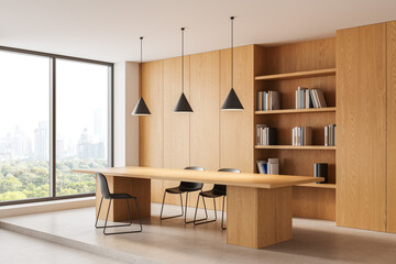 Obraz na płótnie Canvas Contemporary wood interior with dining table, built-in shelving, pendant lights, chairs, and panoramic city window. 3D Rendering