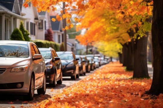 Fallen maple leaves creating a vibrant orange carpet along a neighborhood street with parked cars