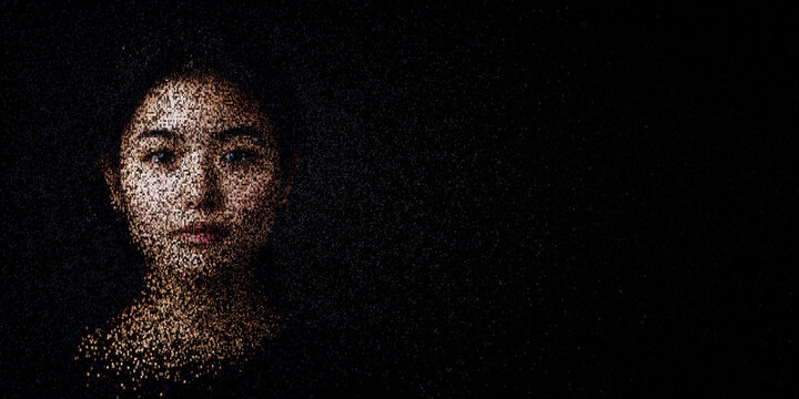 Digital ID Portrait of Asian Woman with Face made up of Numbers and Symbols. Identity wallet Concept with copy-space.