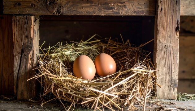 Fresh organic eggs nestled in straw bedding.
