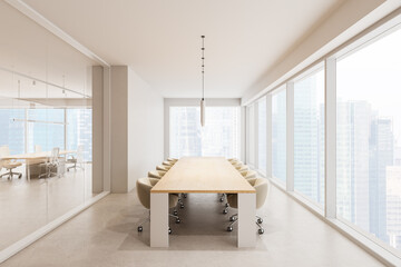 Bright modern office conference room with long wooden table, rolling chairs, glass walls, panoramic windows, and skyline views. 3D Rendering © ImageFlow