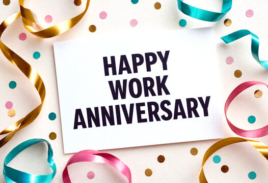 Happy work anniversary card with colorful ribbons and confetti on a festive background perfect for celebrations