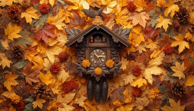 Vintage carved wooden cuckoo clock centered in rich autumn maple leaves and pine cones flat lay