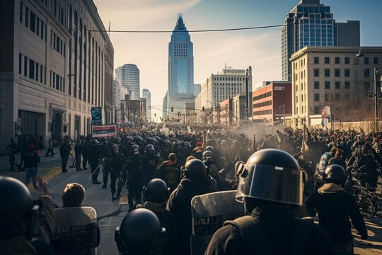 Police officers with riot gear controlling a large protesting crowd on a city street
