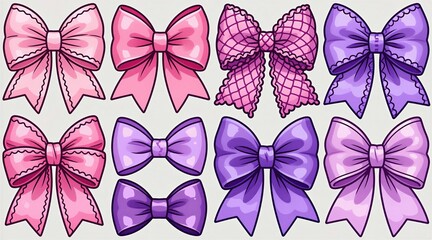 Obraz premium Collection of decorative bows in pink, purple shades. Various sizes, textures shown for gift wrapping crafting projects. Festive ribbons add charm to presents, handmade items. Fun, pretty accessories.