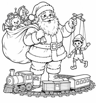 Santa claus carrying a toy bag with a puppet isolated on white background