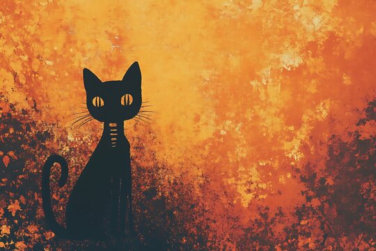 Mysterious black cat silhouette against a fiery autumn sunset backdrop.