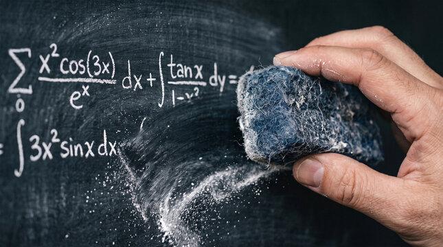 Close up of a hand using a felt eraser to wipe a complex math equation from a dark blackboard.