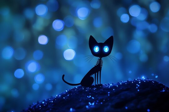 Mysterious cat silhouette standing on a dark, glowing hilltop at night