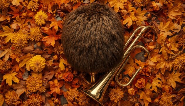 Royal guard bearskin hat and brass bugle trumpet resting on a bed of golden autumn maple leaves