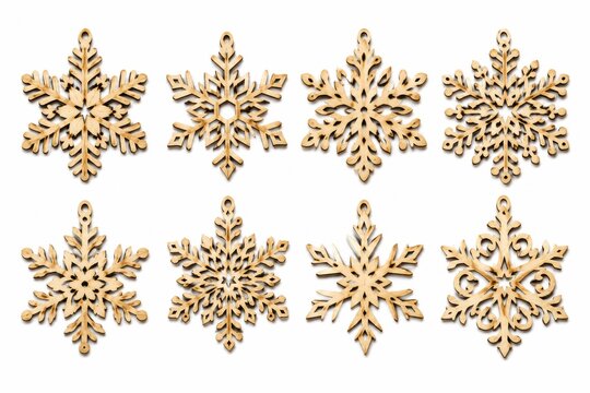 Set of eight decorative wooden snowflake ornaments for winter holiday