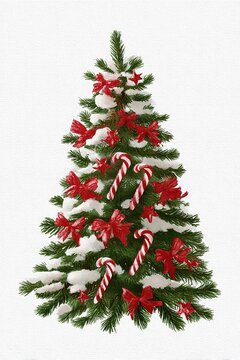 Christmas tree with snow, red bows and candy canes, festive holiday decoration