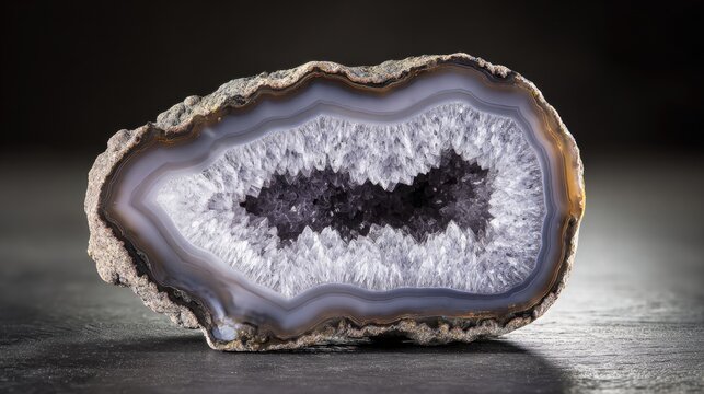 density. Macro view of a rough geode core in a polished shell on dark slate, dramatic side lighting. STEM education sheets.