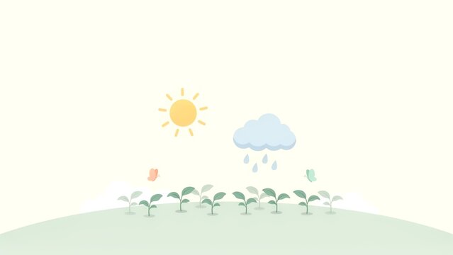 Minimalist digital illustration featuring sunny rain showers over young green seedlings in pastoral landscape scene with sprouts growing rolling