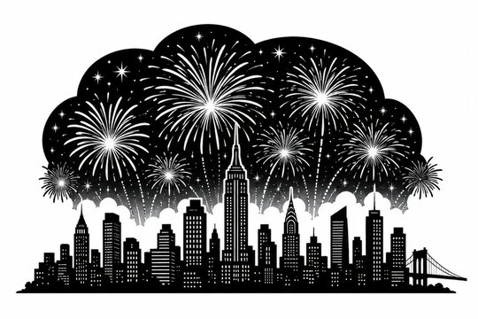 Black and white city skyline silhouette with festive fireworks display
