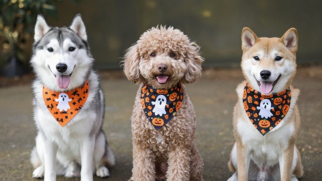 Three Dogs in Halloween Bandanas with Ghosts and Pumpkins Design