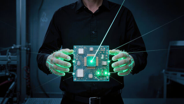 Electronic circuit board cybersecurity technology engineer holographic interface green light