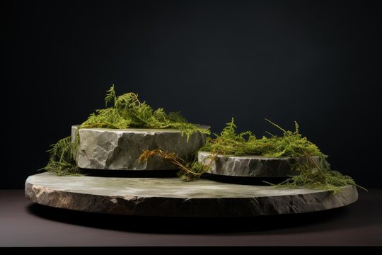 Stone podiums showcasing products with moss and natural elements on a dark background