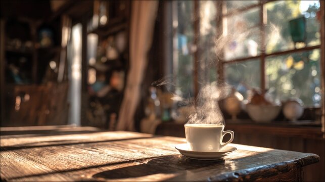 steam. Steaming coffee cup on a rustic table with warm morning light, evoking a cozy atmosphere. bar promotions, beverage menus, designed for food & beverage menus and cafe branding.