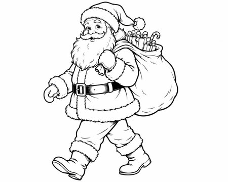 Santa claus walking with a big sack of presents on his shoulder