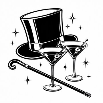 Black top hat with martini glasses and walking cane vector drawing