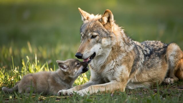 Tender Moment Between Wolf and Cub in Natural Setting