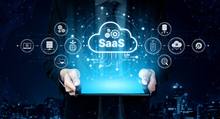 Visual representation of SaaS showing infrastructure, SaaS deployment, SaaS platform features, and...