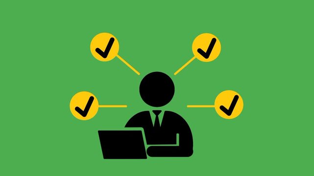 Multitasking worker icon surrounded by multiple checkmarks, representing productivity, task management, efficiency, and successful workflow completion.