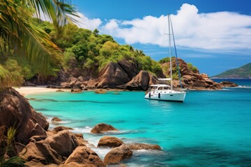 Obraz premium Catamaran sailing in turquoise water nearby a secluded tropical beach and coastline