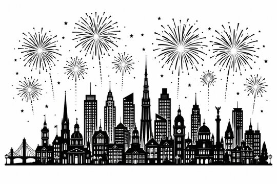 Black and white city skyline silhouette with fireworks above buildings