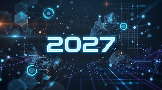 A vibrant futuristic digital background features glowing neon lines and prominently displays the year two thousand twenty seven