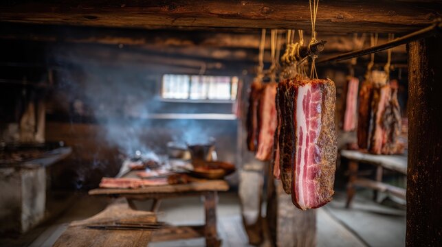 prosciutto. Cured pork hanging from beams in a traditional farmhouse kitchen. menu design, packaging mockups, designed for culinary blogs and recipe cards for restaurants, used by hr managers.