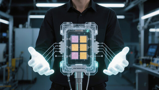 Futuristic circuit board laboratory device with glowing interface and technician hands presenting advanced technology