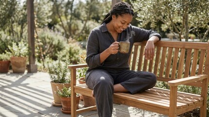 Fototapeta premium Smiling African American woman holding a steaming hot cup of coffee or tea sitting on a wooden garden bench outdoors in a sunny backyard landscape