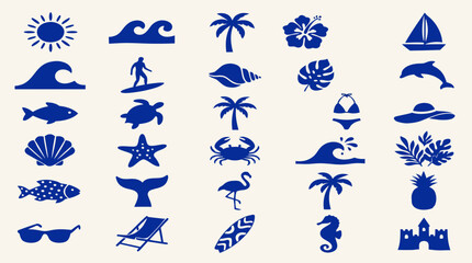 Fototapeta premium Blue tropical beach icon set with palm trees surfboard ocean waves and sea life vector illustration