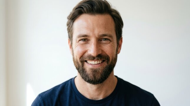 A man with a beard smiling in front of a white background.
