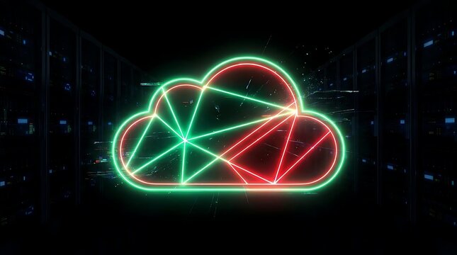 Neon cloud symbol with network pattern in a server room