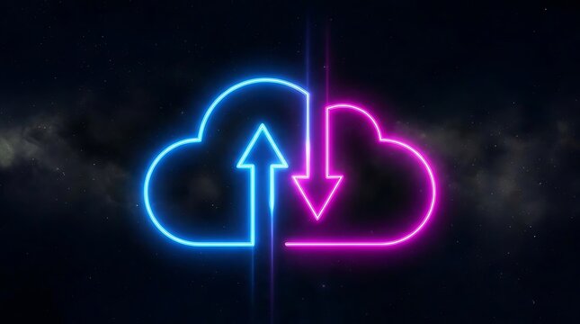 Neon cloud icon with upload and download arrows