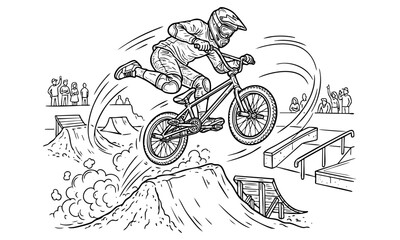 Fototapeta premium Freestyle bmx rider performing aerial trick over dirt jump vector illustration