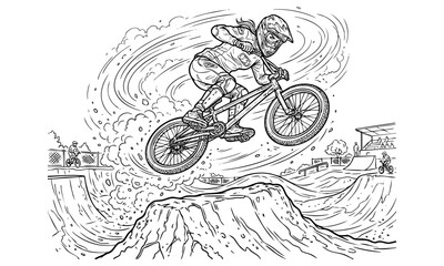 Fototapeta premium Extreme bmx rider jumping over a dirt mound at skatepark vector illustration