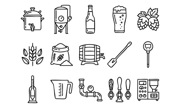 Brewing equipment and beer making process vector line icon set with equipment