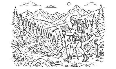 Fototapeta premium Hiker exploring mountain trail landscape vector illustration outline coloring page