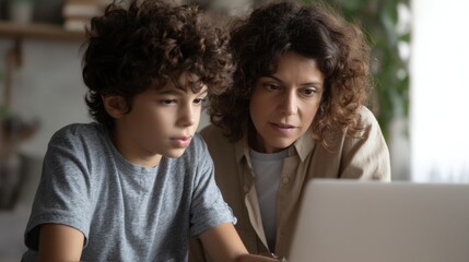 Obraz premium Focused mother and son engaged in learning together using a laptop at home exploring new ideas fostering creativity and education. Generative AI