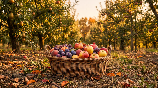 Large Wicker Basket Full of Mixed Fresh Fruit in an Orchard at Sunset